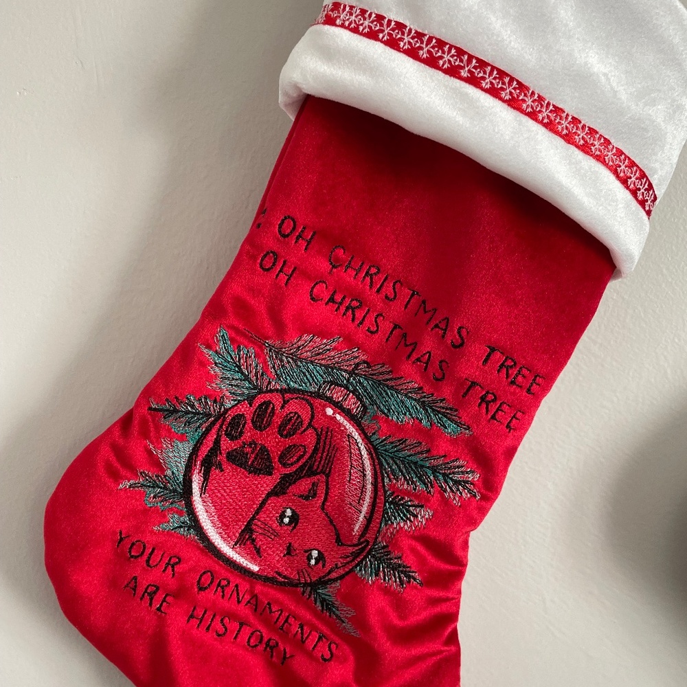 Handcrafted bad kitty Christmas stocking in red velvet